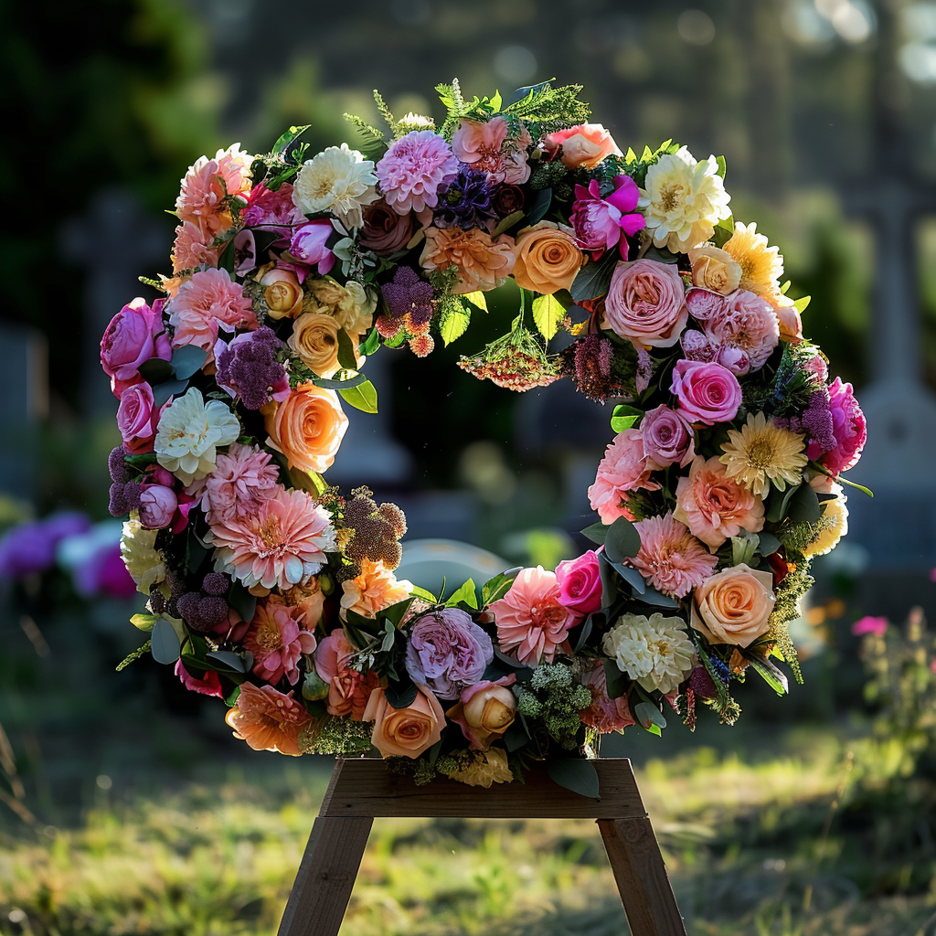 Image of a Funeral Circle Wreath on a Pedestal by a graveside