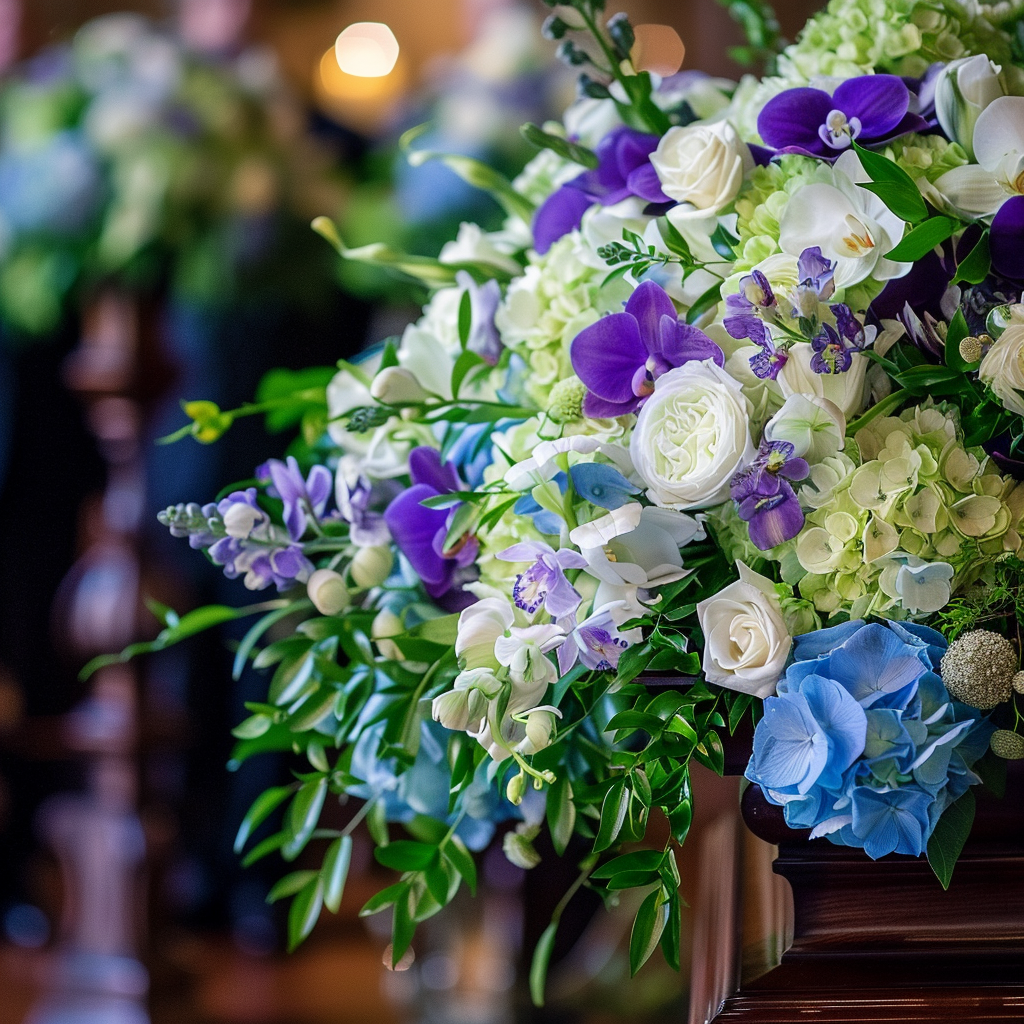 Blue Hydrangea & White Rose Coffin Spray