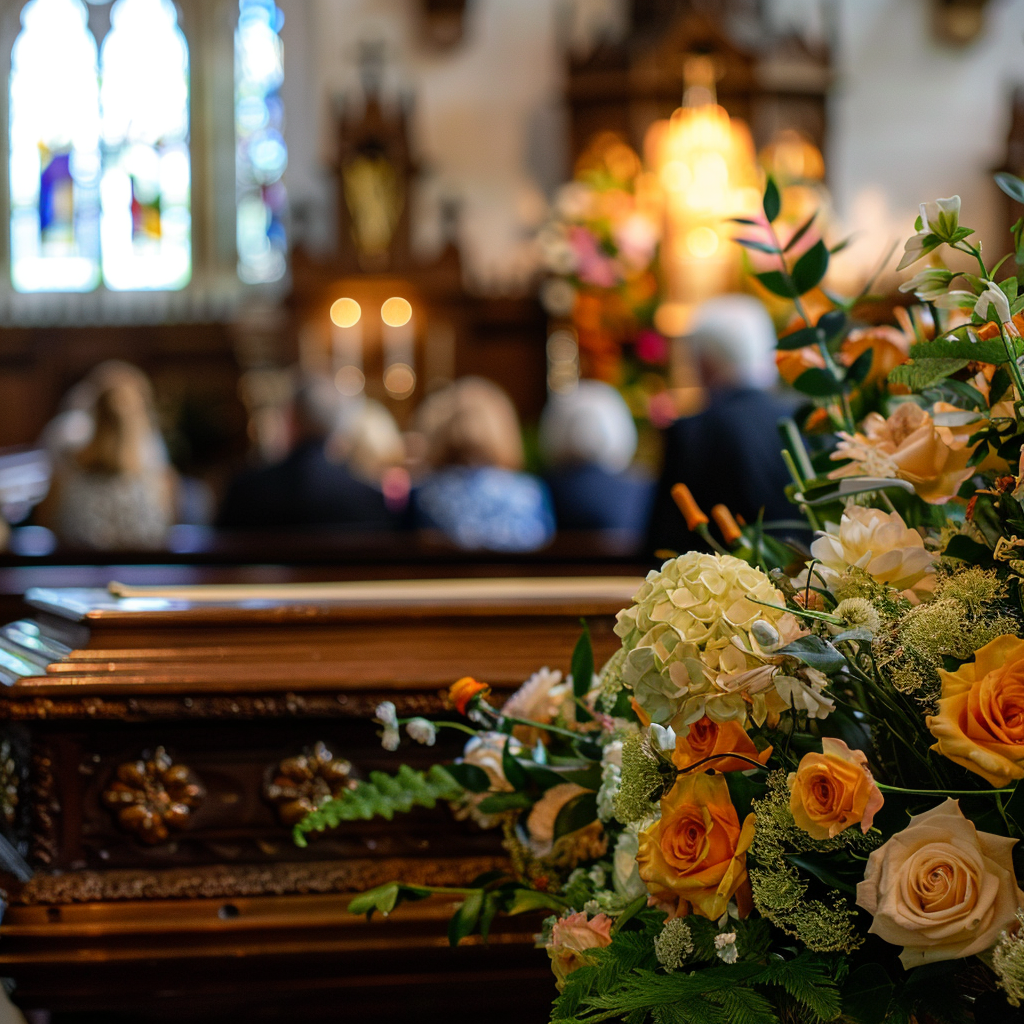 Picture of a funeral service with coffin spray