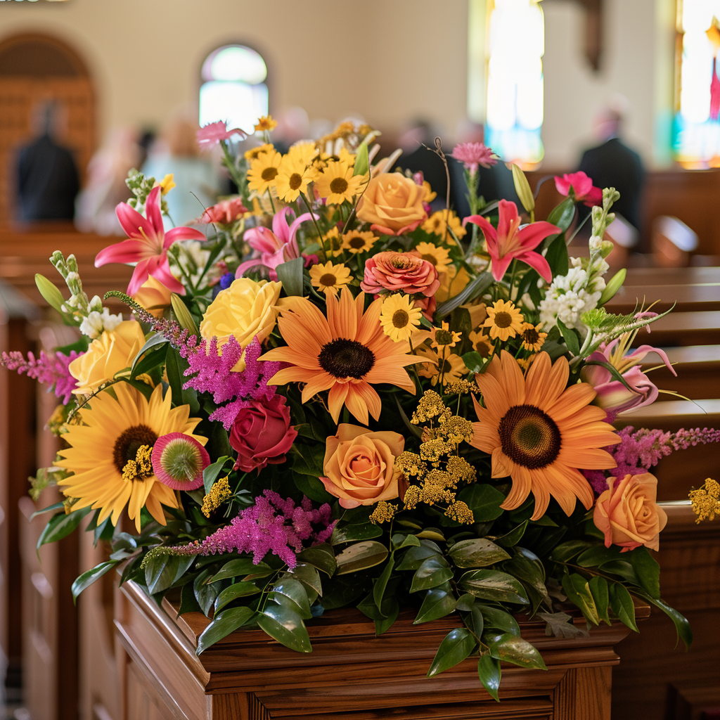 Image of a coffin spray with Sunflowers