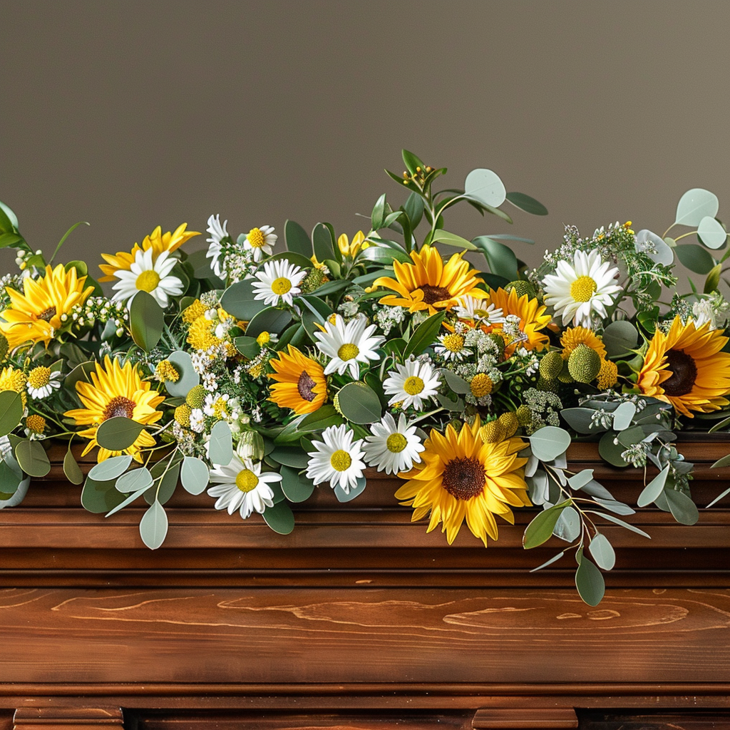 Picture of a coffin spray on a funeral casket with Sunflowers and White Daisy<br />
