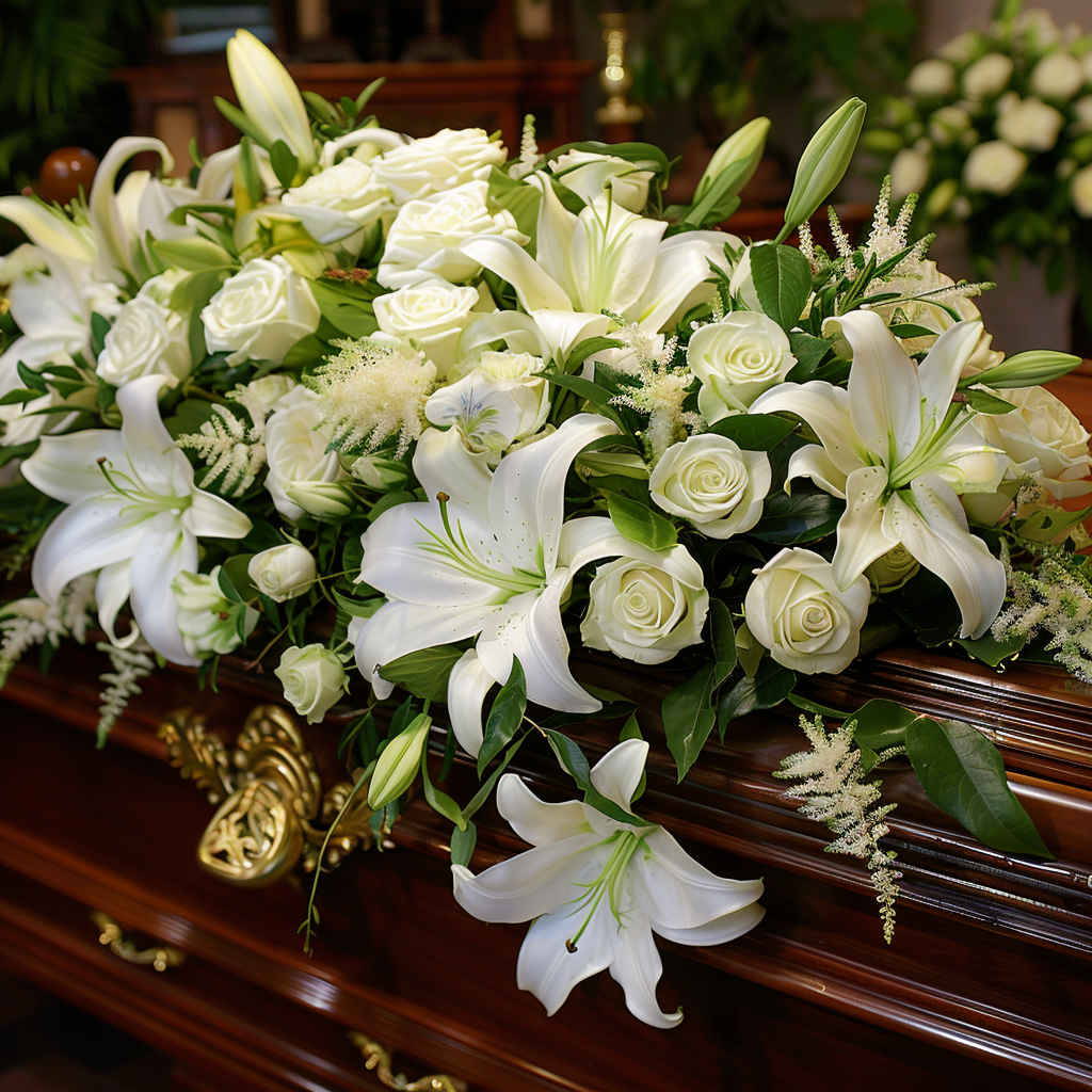 White Lily and Rose Coffin Spray sitting on a funeral casket