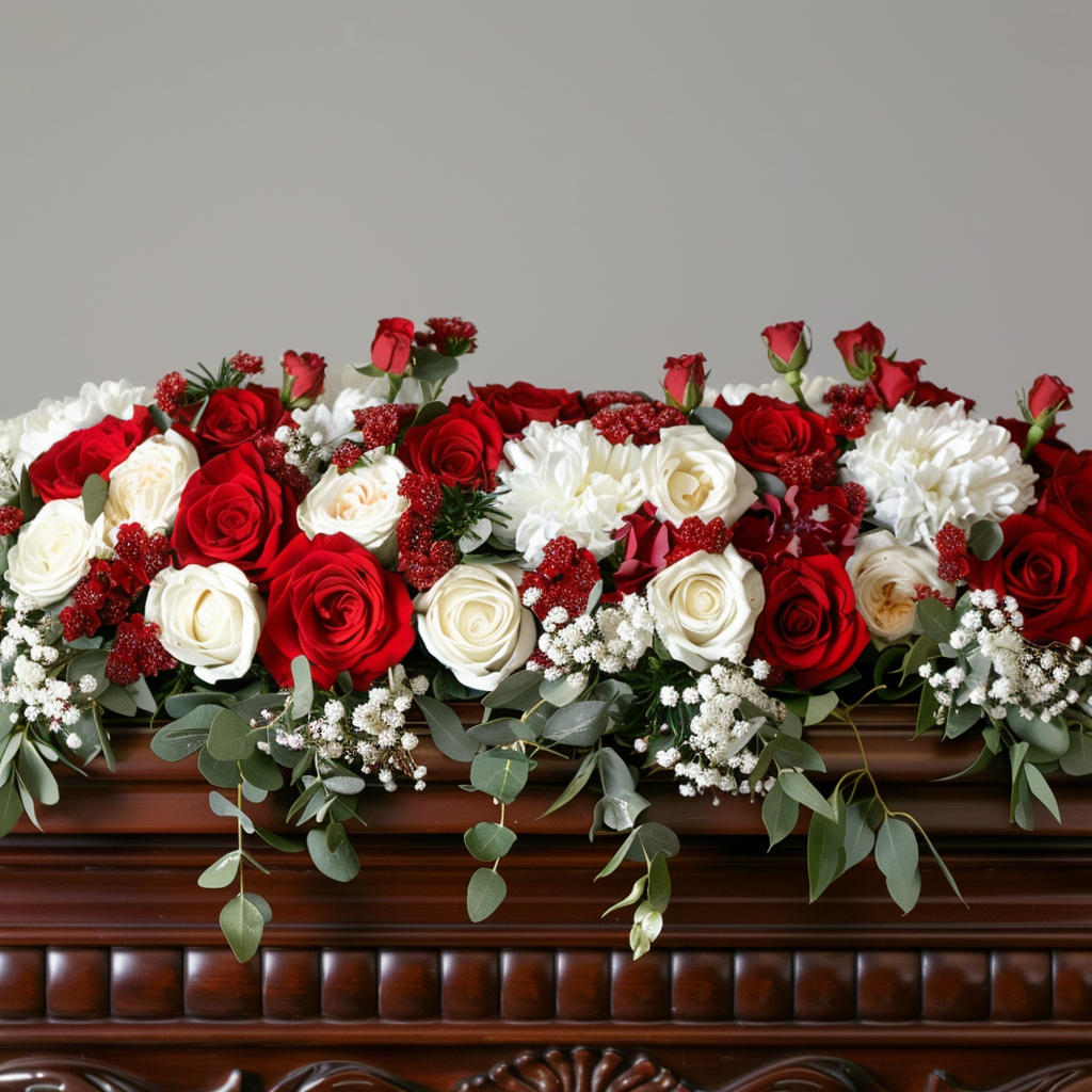 White & Red Rose Coffin Funeral Spray placed on a coffin